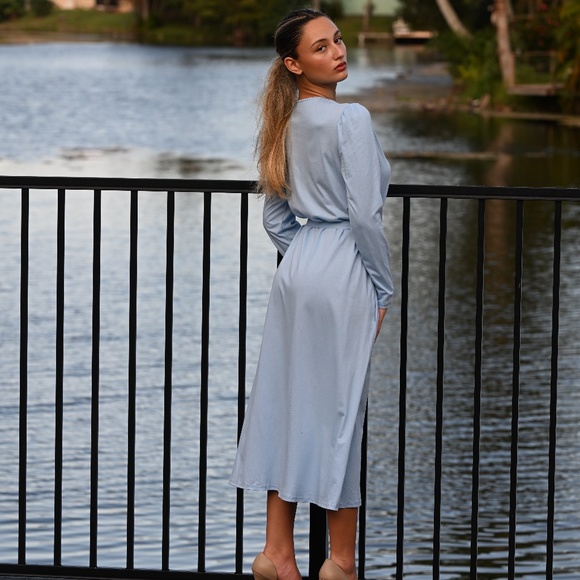 DEVORAH'S SECRET Light Blue Modest Midi Dress 100% Cotton - Picture 2 of 3